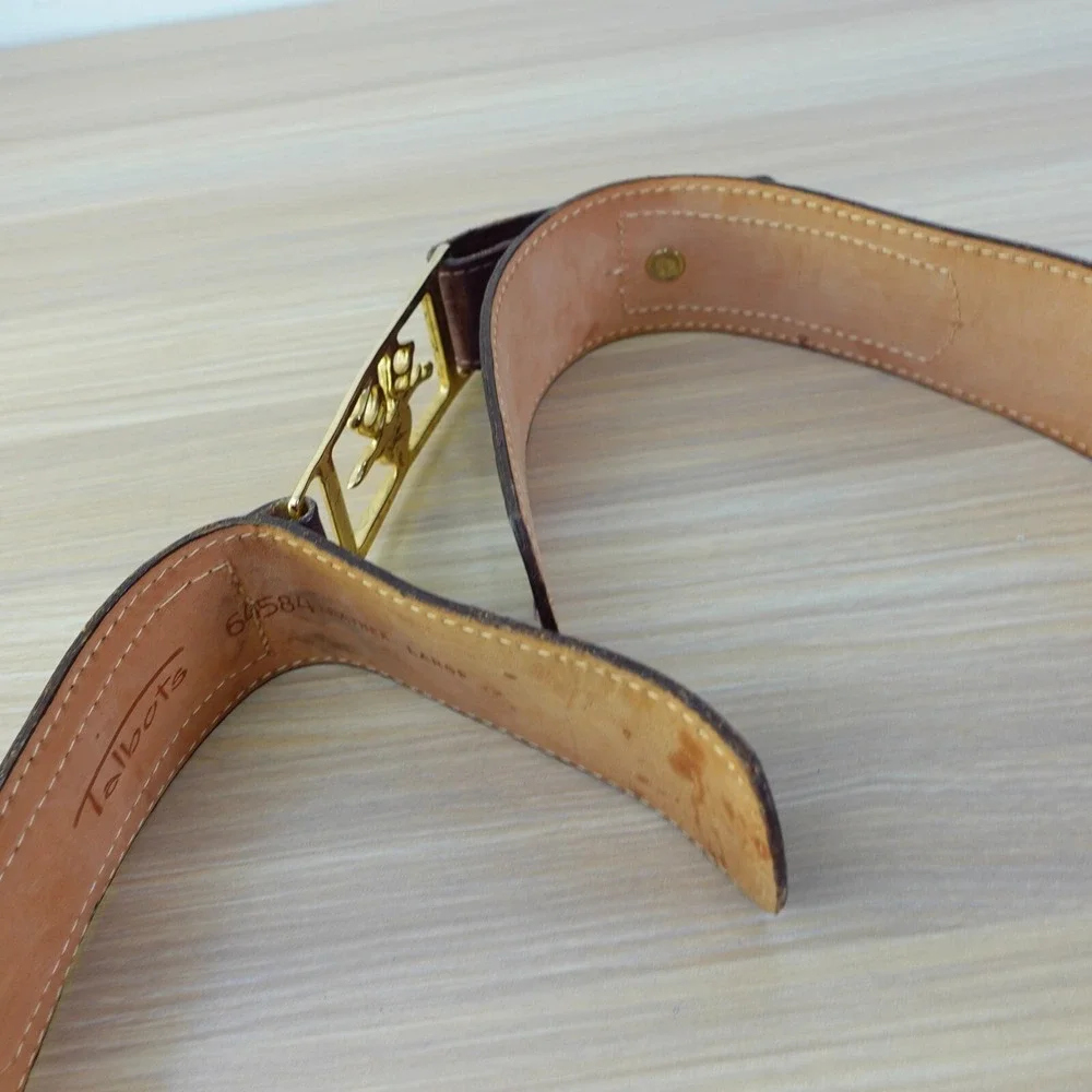 90s VINTAGE Talbots Belt Womens Medium Leather Gold Dress Western Logo Holiday